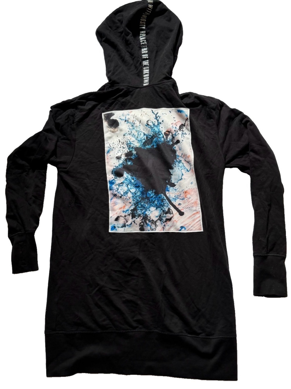 H&M Black Hooded Longline hoodie with Blue & White Graphic Back